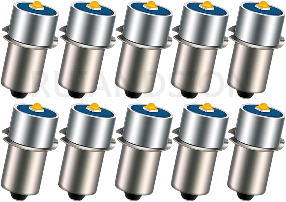 Ruiandsion - 10pcs P13.5S 6-24V 2525 3W 3000K Warm White LED Replacement Bulbs for DeWalt Tooling Torch Maglite Work Lantern Replacement Bulbs, Non-Polarity