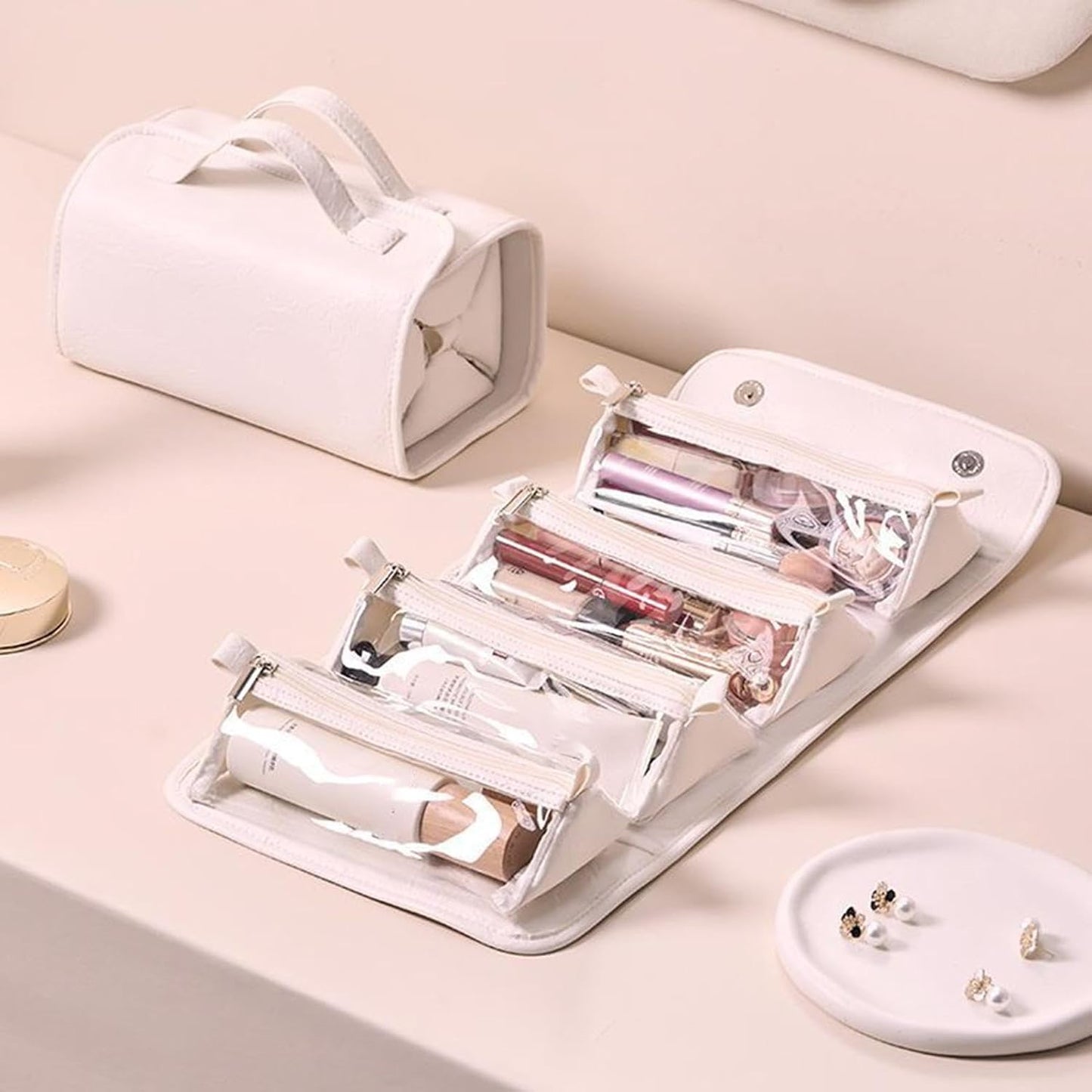 Toiletry Roll Up Travel Bag | Large Capacity Leather Waterproof Cosmetic and Makeup Bag | Open Flat 4 Detachable Clear Compartment Portable Toiletry Bag Pouch with Handle for Accessories, white,