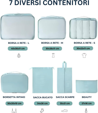 (Think Space) Set of 7 Organiser Suitcase – Storage Boxes of Different Sizes, Shoe Bag, Women's Beauty Case, Dirty Cloth Bag – Durable and Breathable Suitcase Set, grey