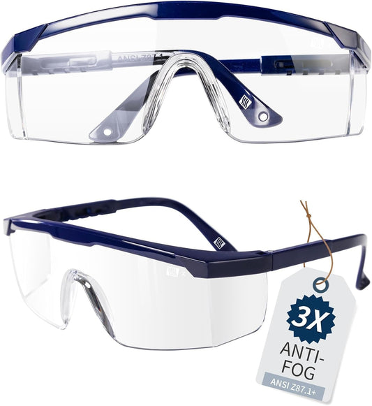 LANON ANSI Z87+ Safety Glasses,3X Anti-Fog Safety Goggles with Adjustable Temples, Scratch Resistant,Side Protection, Clear Protective Eyewear, Lab Goggles
