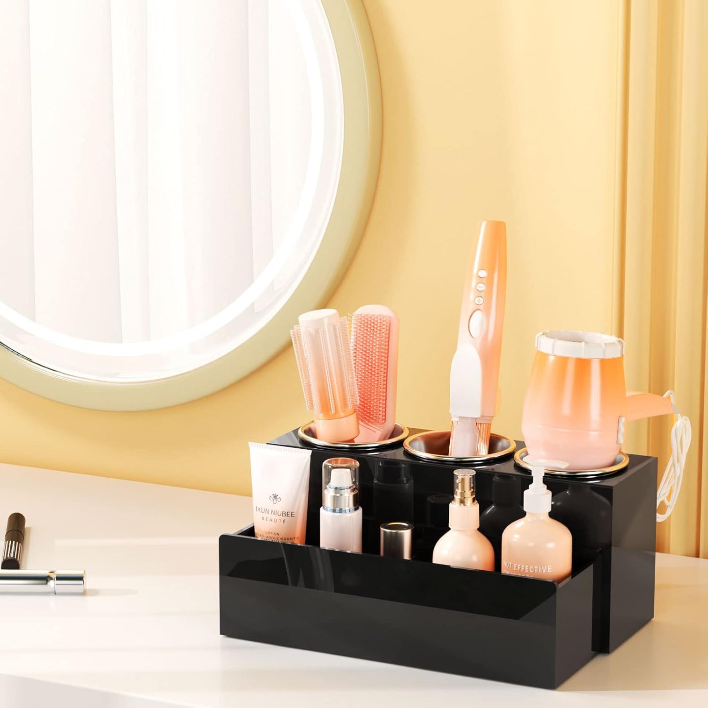 NIUBEE Hair Tool Organizer, Acrylic Hair Dryer and Styling Holder, Bathroom Countertop Blow Dryer Organizer, Vanity Storage Stand for Accessories, Makeup, Toiletries (Black)