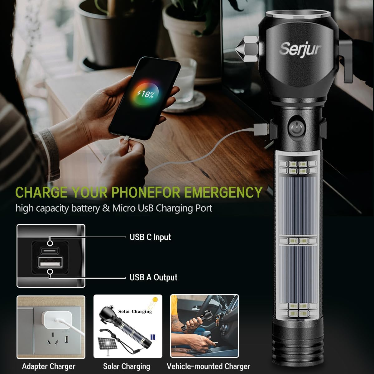 Serjur Rechargeable Solar Powered Flashlight,Multi Function LED Tactical Flashlight with Glass Breaker,Seatbelt Cutter,Alarm and Phone Charger,Powerful Handheld Flashlights for Emergencies Camping