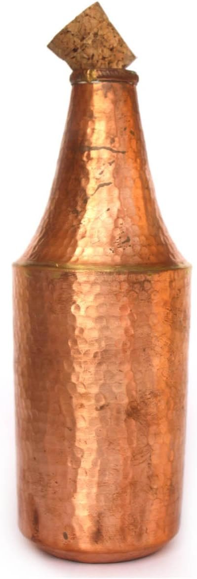 DeKulture Hand Hammered Pure Copper Water Bottle with Wooden Cork Lid (1 Liter) - Ayurvedic & Yoga Benefits, 3.5 x 9.5 (DH) Inches