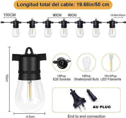 TEKXDD 16M String Lights Outdoor, 53FT LED IP65 Waterproof Patio String Lights with Shatterproof 15 + 1 S14 LED Bulbs