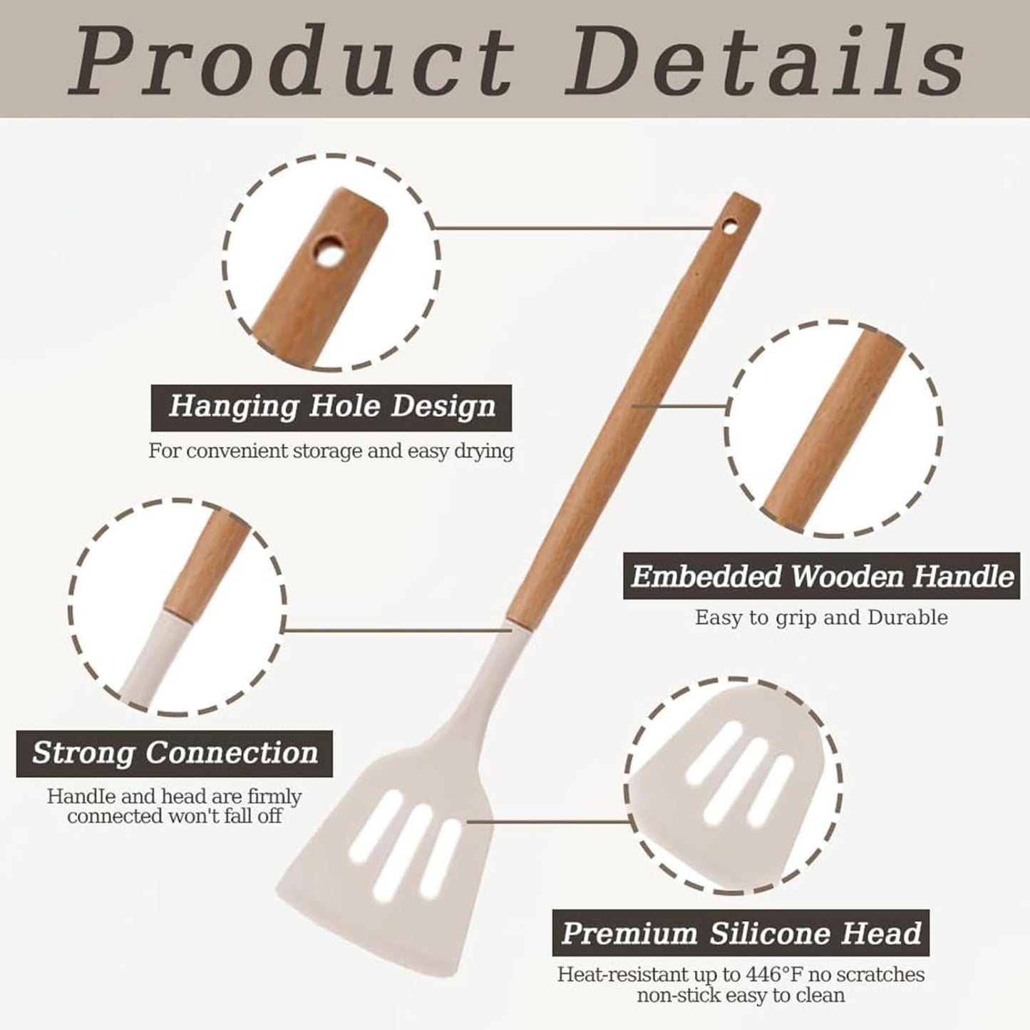 12 Pcs Silicone Kitchen Utensils Set with Wooden Handles, Heat Resistant Non-Stick Kitchen Utensils with Tongs, Spatula, Spoons and Stand, Dishwasher Safe, Best Kitchen Gadgets (Beige,