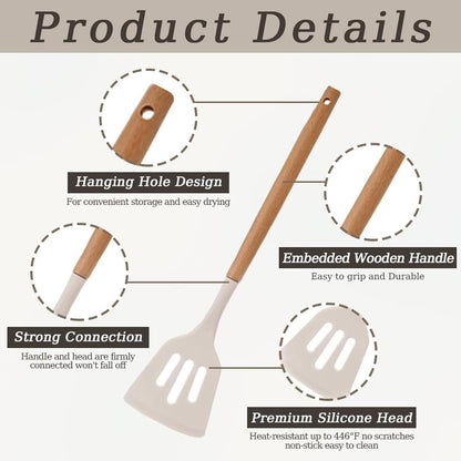 12 Pcs Silicone Kitchen Utensils Set with Wooden Handles, Heat Resistant Non-Stick Kitchen Utensils with Tongs, Spatula, Spoons and Stand, Dishwasher Safe, Best Kitchen Gadgets (Beige,