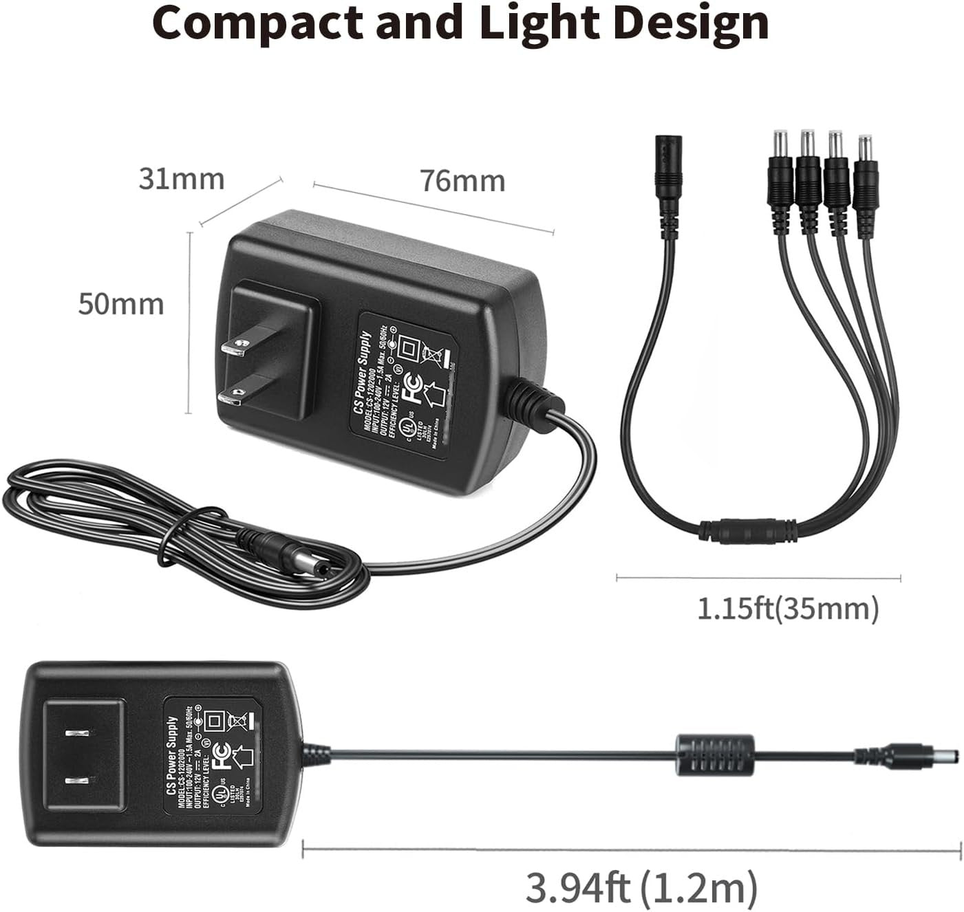 Tonton DC 12V 2A Security Camera Power Supply Adapter Combine with 1 to 4 Power Splitter for CCTV Security Camera System, UL/FCC Certificate for North America