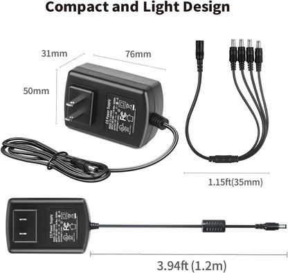 Tonton DC 12V 2A Security Camera Power Supply Adapter Combine with 1 to 4 Power Splitter for CCTV Security Camera System, UL/FCC Certificate for North America