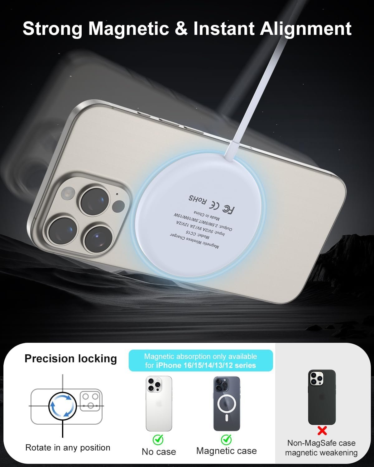 VICHYIE Magnetic Wireless Charger, 15W Max, Wireless Charging Pad for iPhone 16/15/14/13/12 Series, AirPods Pro 2/Pro/4/3/2, iWatch, with USB-C & A Dual Port, No Power Adapter(White)