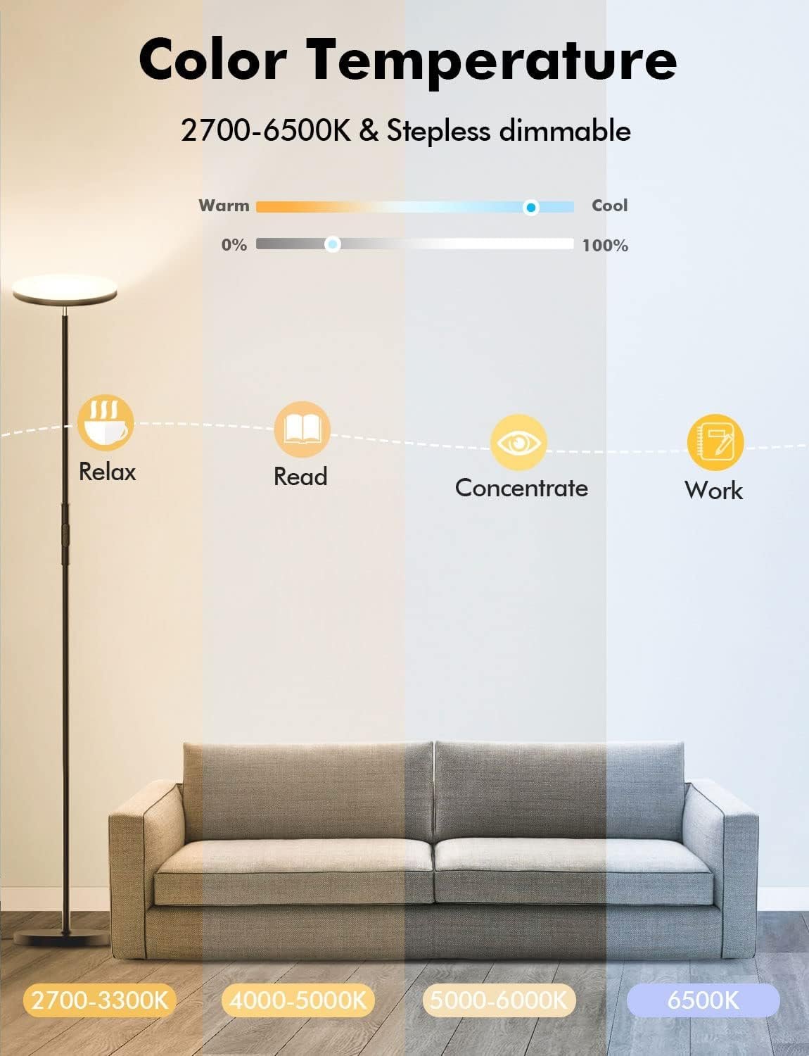 Smart RGB Floor Lamp Compatible with Alexa Google Home, WiFi Remote Modern Tall Standing Light, Color Changing & Dimmable Uplighter LED Floor Lamp for Living Room, Bedroom