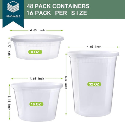 Deli Containers with Lids 48 Sets [8,16, 32 oz 16 Each ] - Food Storage Containers with Lids Freezer Safe, Soup Containers for Restaurant, BPA Free | Portion Control | Leakproof | Microwave