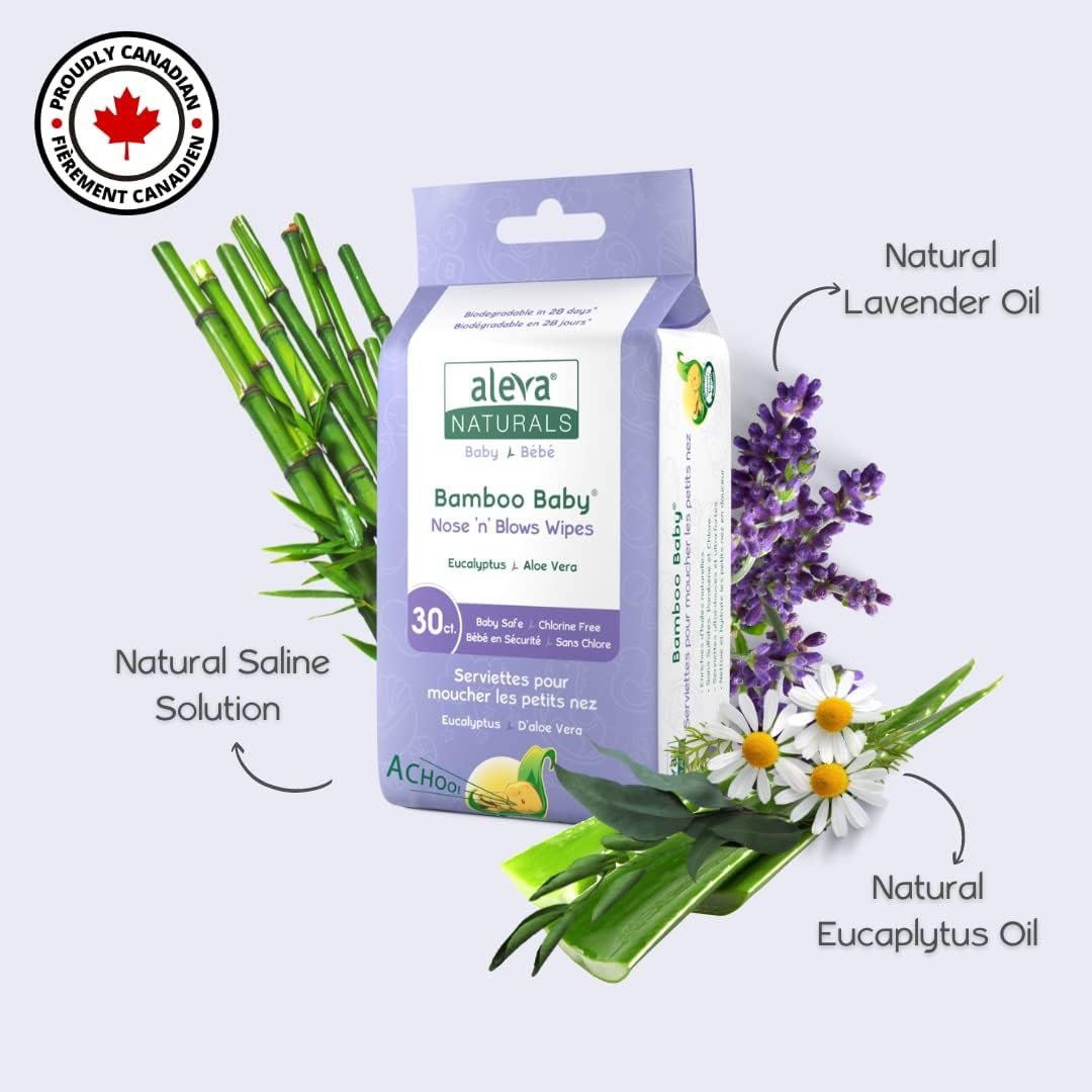 Aleva Naturals Bamboo Baby Nose 'n' Blows Wipes for Cleaning Stuffy Noses with Saline, Organic Formula, Extra Strong and Ultra-Soft, Biodegradable - Mega Pack- 12 X 30 Count= 360 Wipes Total, Unbleached