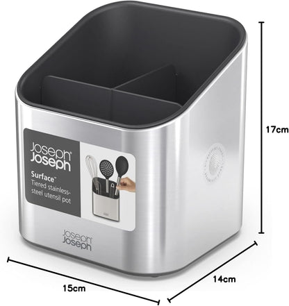 Joseph Joseph Surface Stainless Steel Utensil Holder with Large Capacity, Non-Slip Feet and Dividers, Fingerprint Proof Kitchen Utensil Holder and Gadgets - Grey