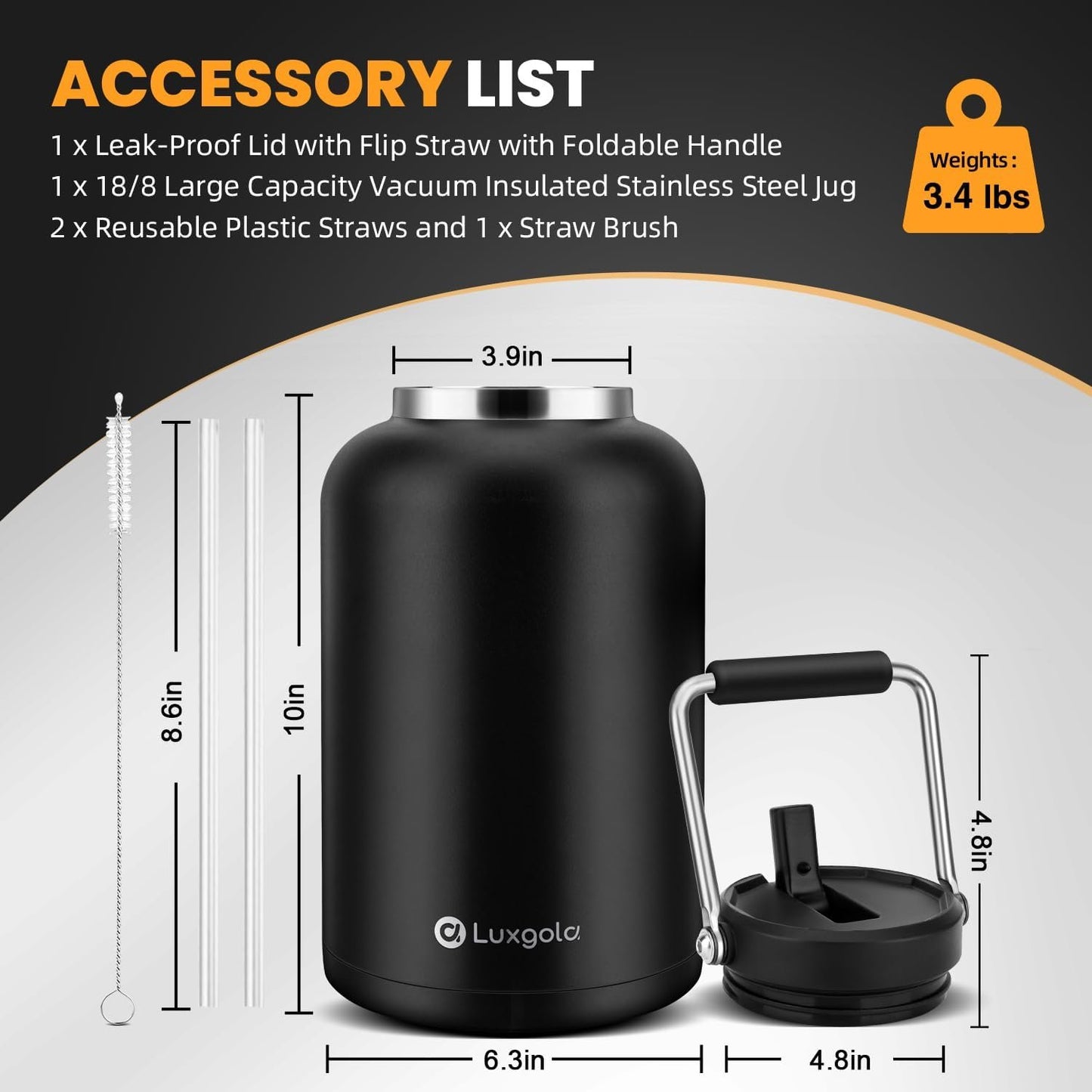 Luxgola 128 oz Insulated Water Bottle with Straw Lid and Handle, One Gallon Stainless Steel Double Vacuum Water Jug for Hot & Cold Drinks - Sweat Proof, Great for Travel, Hiking, Camping - Olive Green