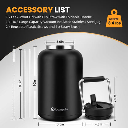 Luxgola 128 oz Insulated Water Bottle with Straw Lid and Handle, One Gallon Stainless Steel Double Vacuum Water Jug for Hot & Cold Drinks - Sweat Proof, Great for Travel, Hiking, Camping - Olive Green