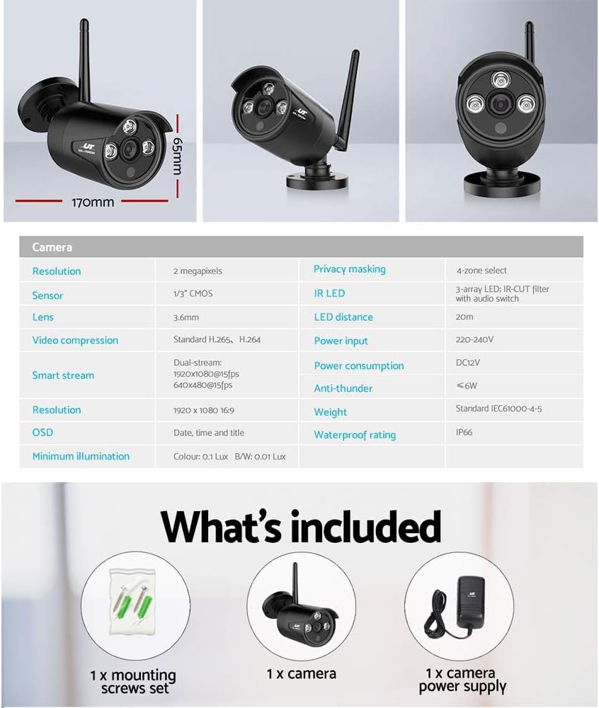 UL TECH Security Camera, 3MP Full HD IP Wireless Surveillance Pet Cameras Hidden CCTV Monitor WiFi Home Safe Outdoor Indoor System, Support P2P with Built in Ir-Cut Black