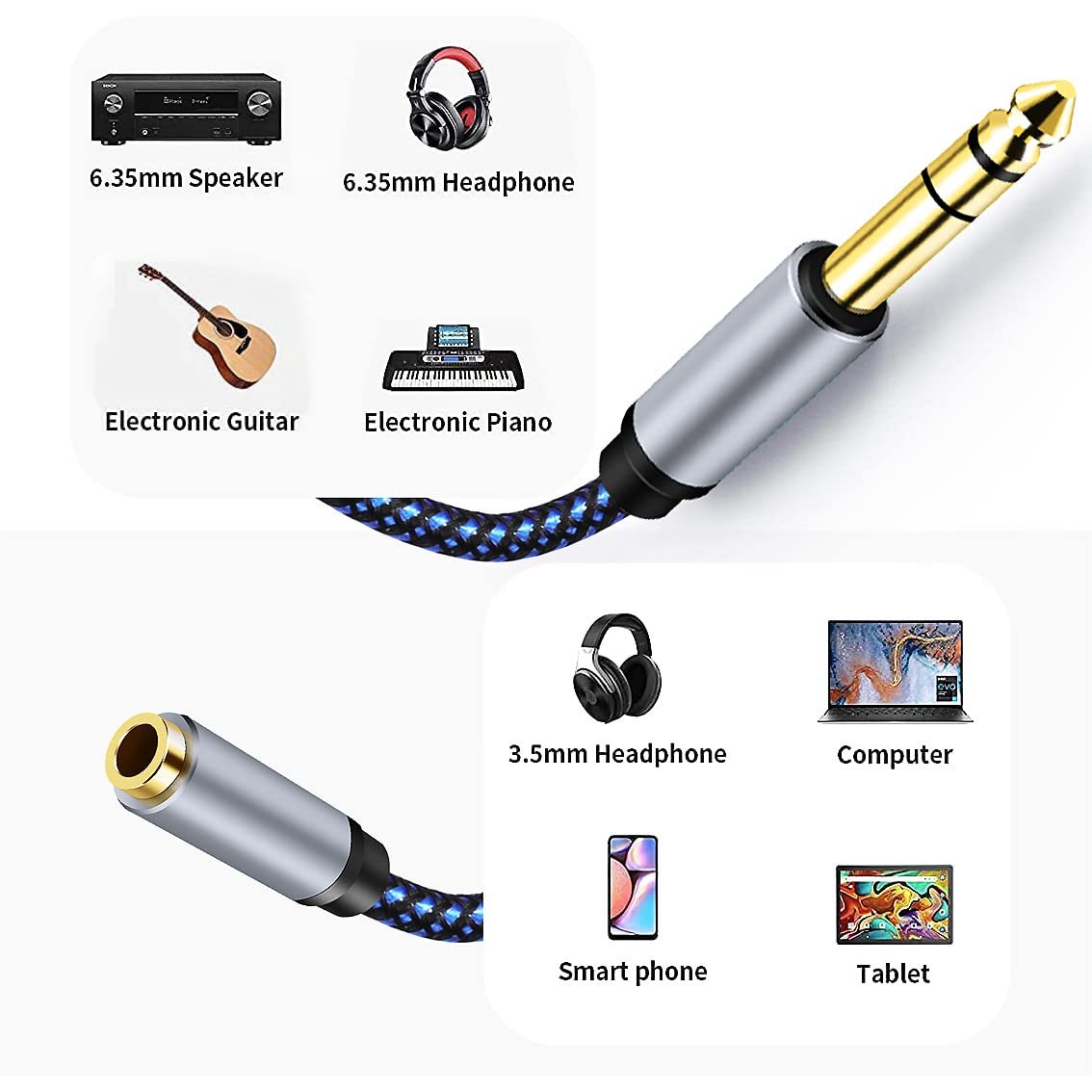 1/4 to 1/8 Headphone Adapter, tunghey 6.35mm Male to 3.5mm Female TRS Stereo Audio Jack Adapter Cable for Mixer Guitar Amp Piano Keyboard Amplifier Headphone Speaker (0.3m)