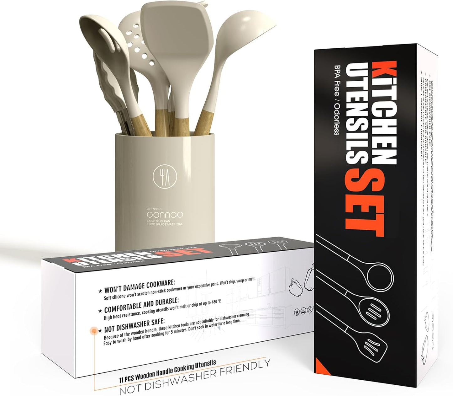 Silicone Cooking Utensils Set - 446°F Heat Resistant Silicone Kitchen Utensils for Cooking,Kitchen Utensil Spatula Set w Wooden Handles and Holder, BPA Free Gadgets for Non-Stick Cookware (Khaki)