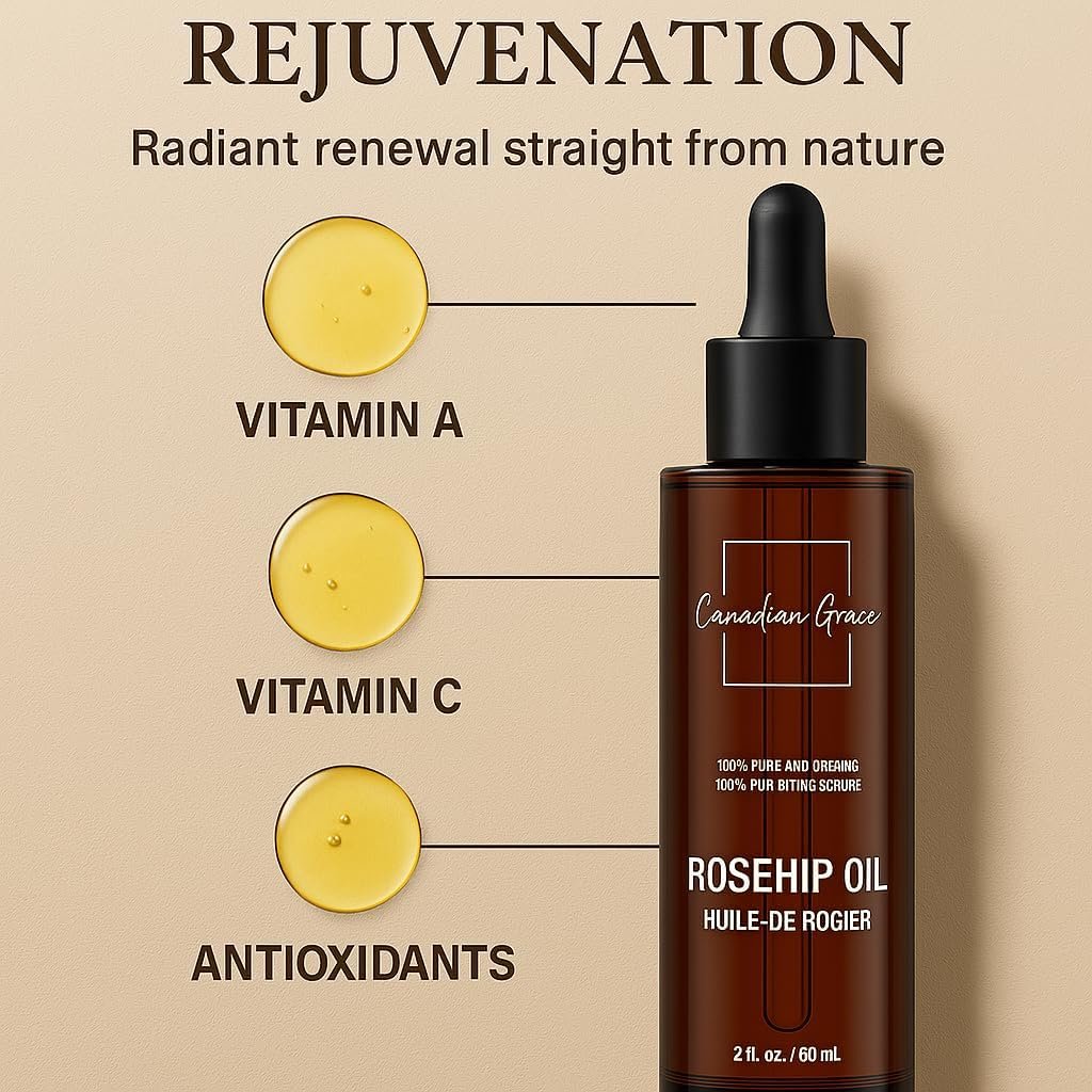 Canadian Grace Organic Rosehip Oil, Natural Cold-Pressed & Authentic for Skin Rejuvenation & Nourishment, 100% Pure & Organic Oil, Deeply Moisturizes & Hydrates Skin - 60ml