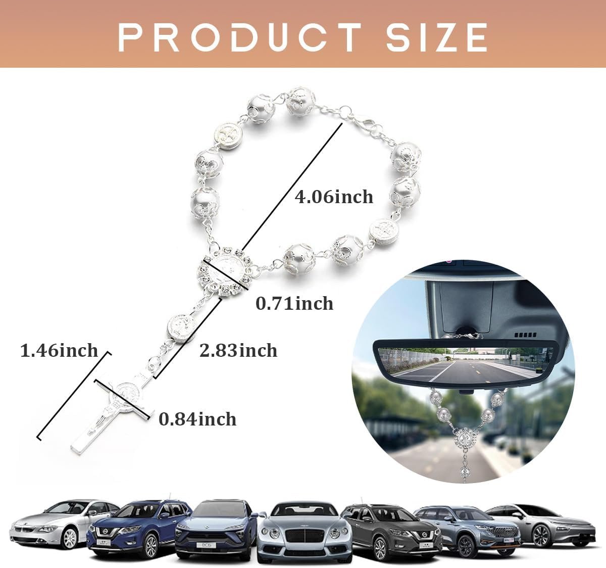 Ohleats Car Rosary for Rearview Mirror, Personalized Rear View Cross Blessing Beads Decor, Auto Rearview Catholic Rosary Hanging Pendant, Interior Men Women Car Accessories (Silver)