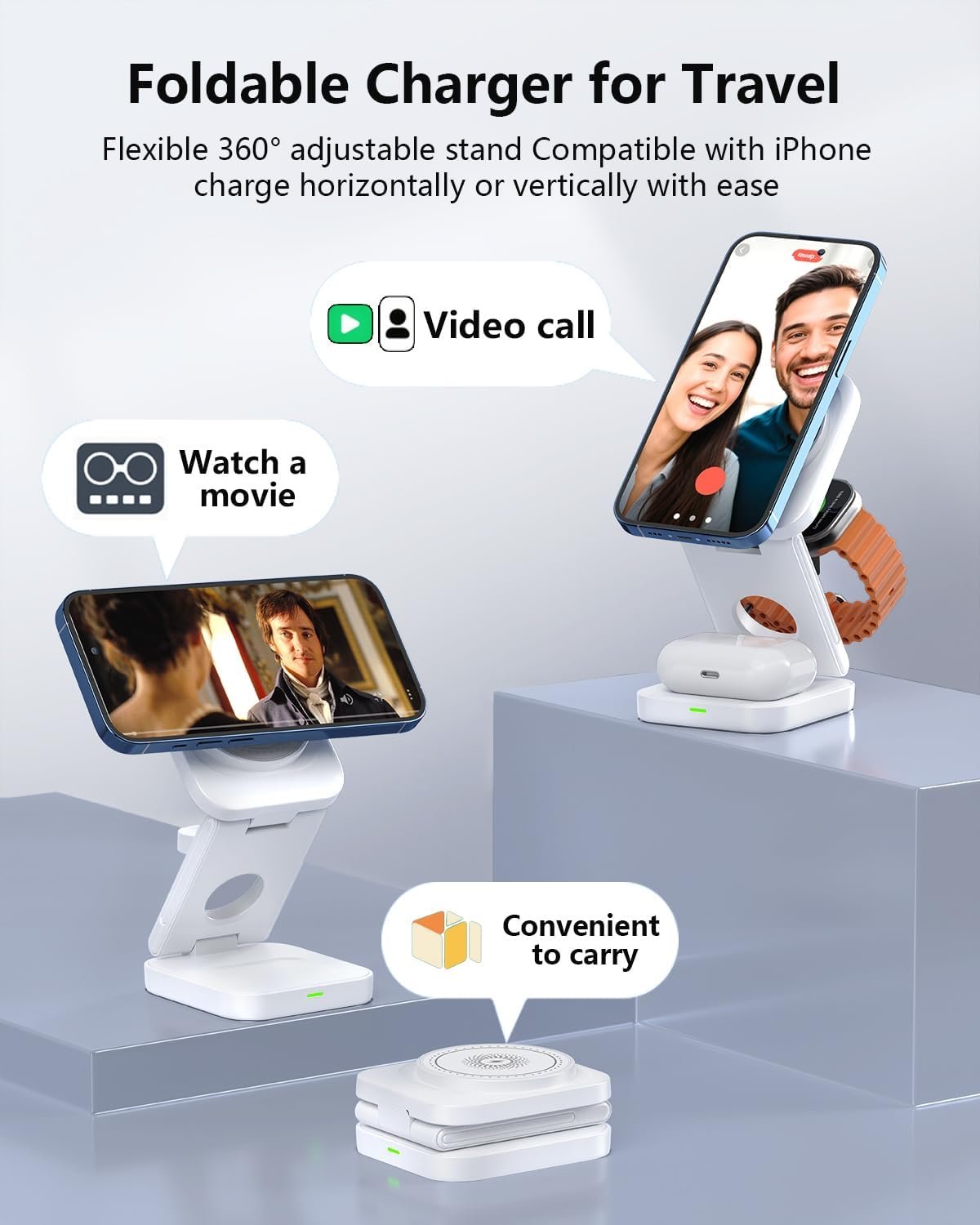 3 in 1 Wireless Charger,Magnetic Foldable Fast Wireless Charger Station Compatible with iPhone 15/14/13/12/Pro/Plus/Pro Max,5W for Apple Watch 9/8/7/6/5/4/3/2/SE/Ultra 2, AirPods 3/2/Pro (White)