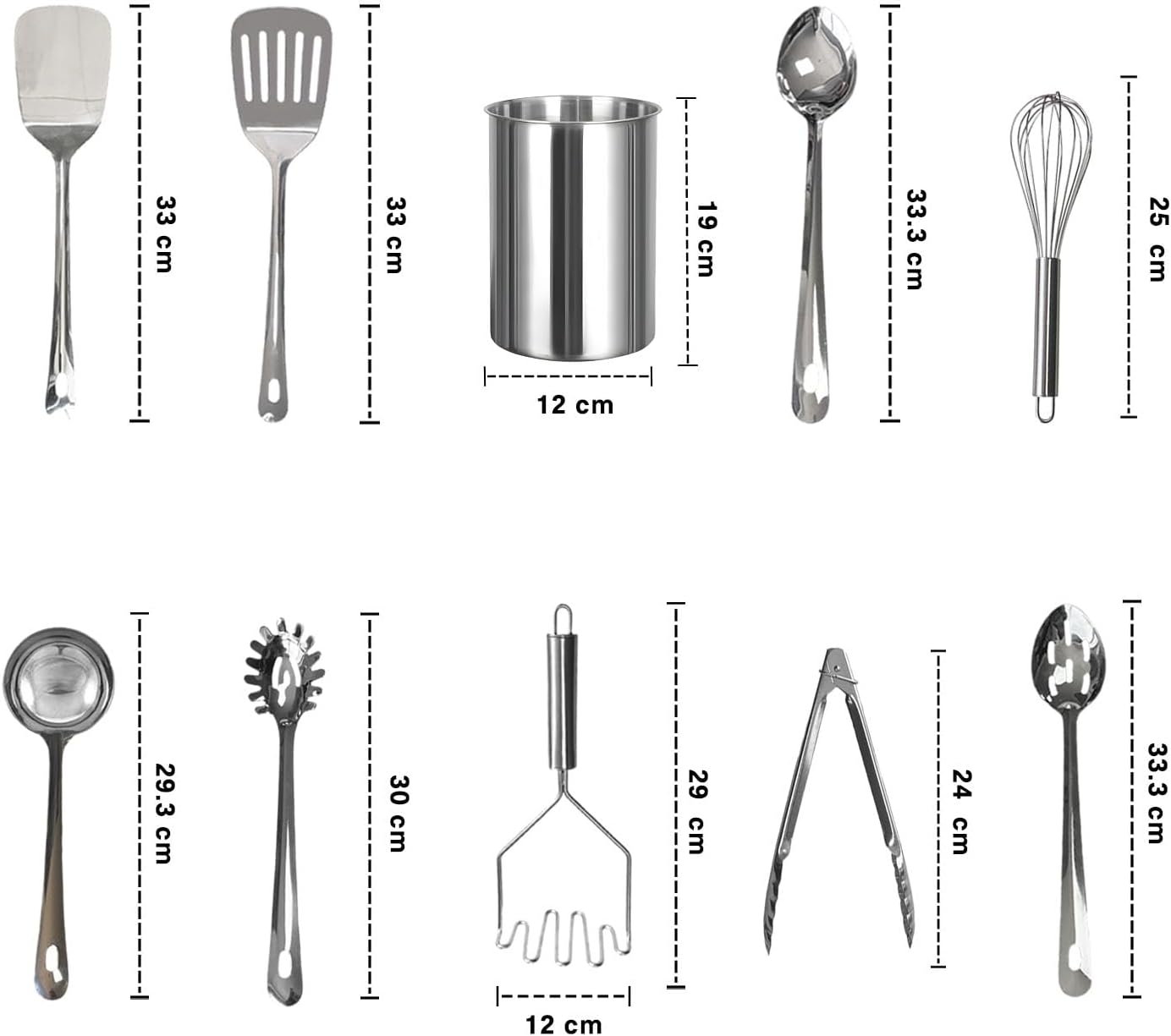 Kitchen Utensils Set - 10-Piece, Stainless-Steel Cooking Utensils w/Spoons, Whisk, Spatula, Tongs, Ladle, Masher & Cooking Utensils Holder - Kitchen Accessories, Gadgets and Tools (Brushed Finish)