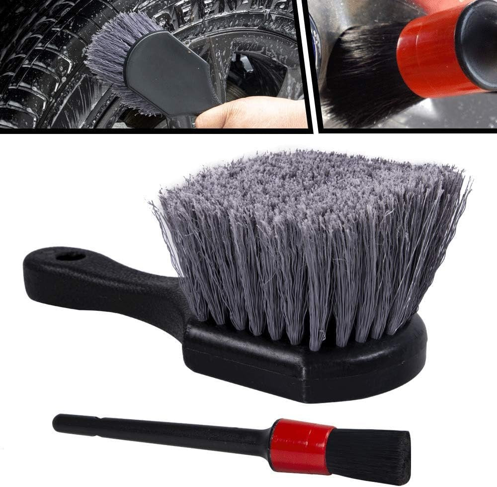 Wheel & Tire Brush, Soft Bristle Car Wash Brush, Plus Detailing Brush, Cleans Dirty Tires & Releases Dirt and Road Grime, Car Rim Cleaning Brush Short Handle