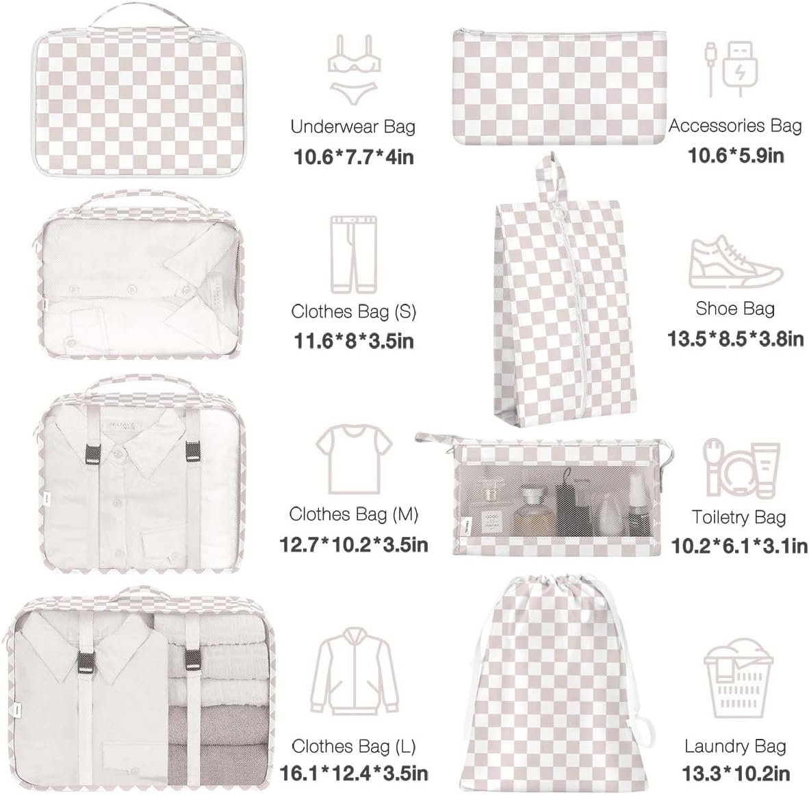 8 Set Packing Cubes for Suitcases, Packing Cubes with Shoe, Cosmetics, Clothing, Accessories Bags for Travel Luggage Organizer Women Men(Light Pink Checkered)
