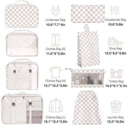 8 Set Packing Cubes for Suitcases, Packing Cubes with Shoe, Cosmetics, Clothing, Accessories Bags for Travel Luggage Organizer Women Men(Light Pink Checkered)