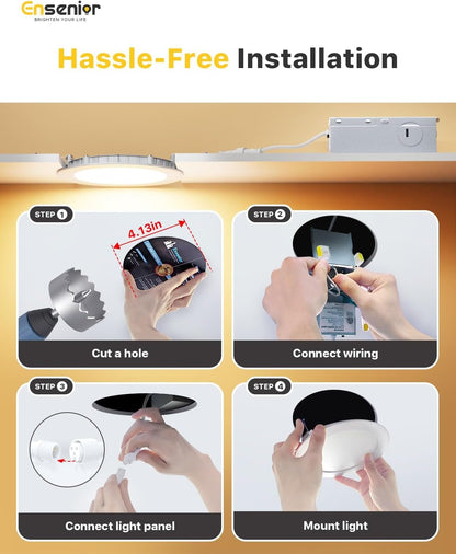 Ensenior 4Inch LED Recessed Slim Pot Light with Junction Box, 2700K/3000K/3500K/4000K/5000K Changeable, 9W 75W Eqv, Dimmable IC-Rated Ceiling Lighting, 750LM High Brightness (12 Pack)