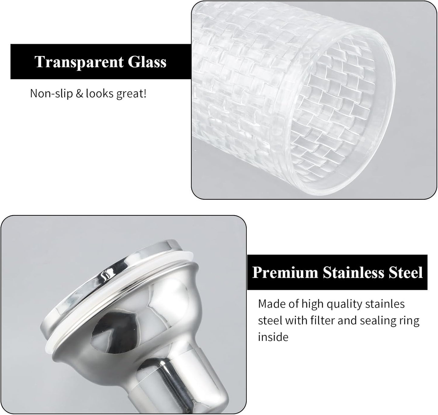 YILANJIN Glass Cocktail Shaker Set, 500 ml Professional Drinking Shaker with Strainer, Clear Stainless Steel Bar Shakers for Whiskey, Reusable Martini Glasses for Wedding, Dining, Home (Silver)