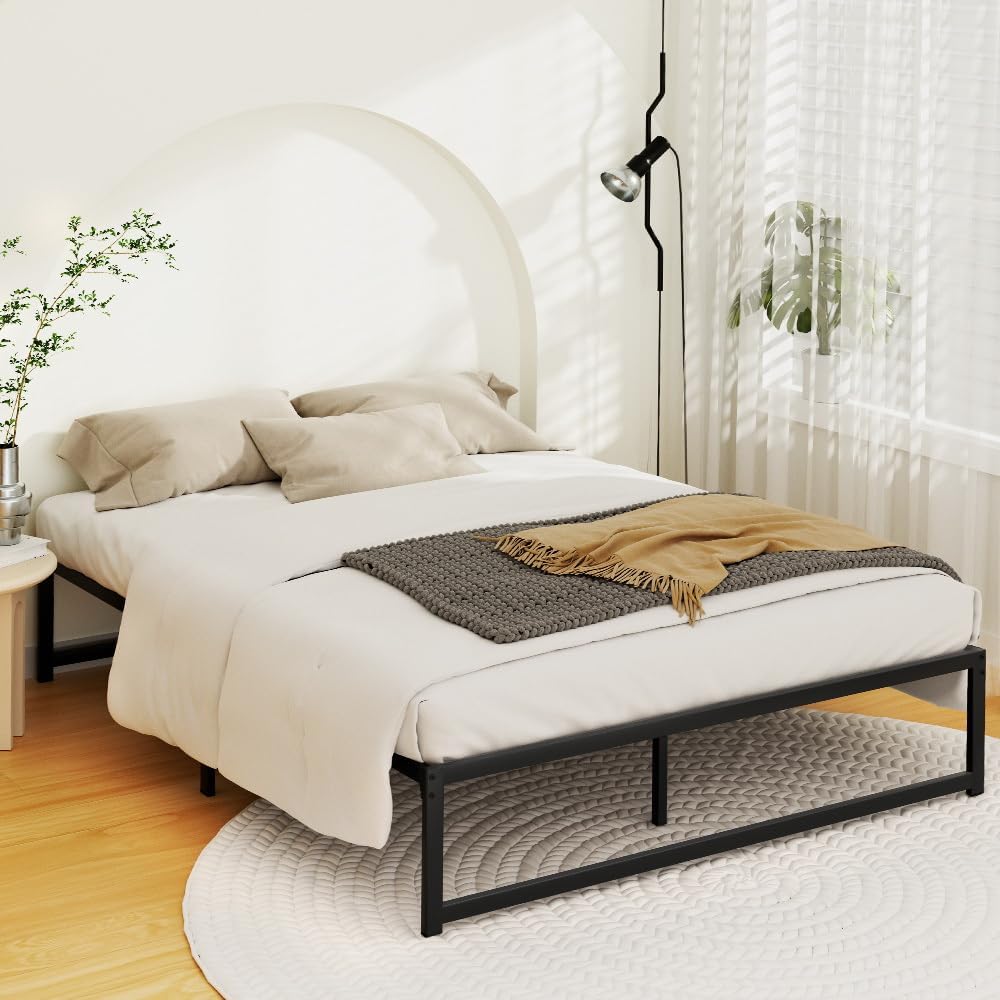 Artiss Double Metal Bed Frame with Headboard(Base Only), Metal Platform Bed with Easy Assembly, 300kg Capacity Heavy-Duty Metal Slats with Under Bed Storage for Master Room/Guest Room, Black