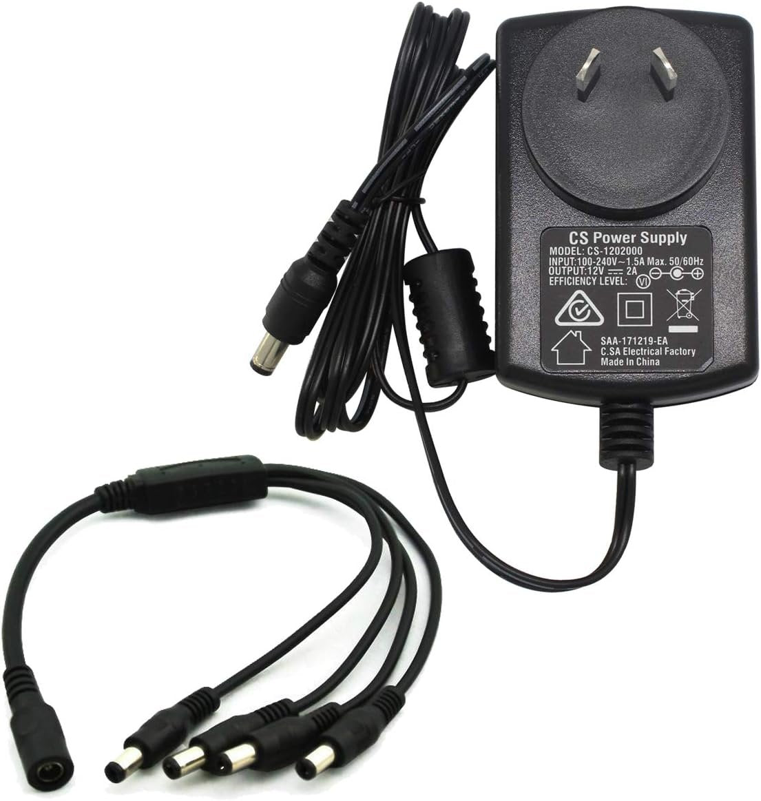 AC to DC 12V 2A Power Supply Adapter with 4 Way Splitter Cable for CCTV Security Camera DVR NVR