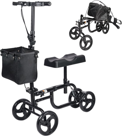 CloudHand Foldable Lightweight Knee Walker, Portable Knee Scooter featuring Basket, Adjustable Steering, and Brake System, Better Alternative to Crutches, Black