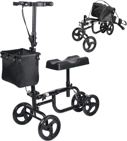 CloudHand Foldable Lightweight Knee Walker, Portable Knee Scooter featuring Basket, Adjustable Steering, and Brake System, Better Alternative to Crutches, Black