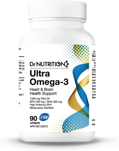 Dr. Nutrition 360 Ultra Omega-3 Fish Oil 1400mg, Triple Strength EPA (700mg) and DHA (350mg) for Heart, Brain, and Immune Support – Burpless, No Fishy Aftertaste, Made in Canada – 90 Softgels