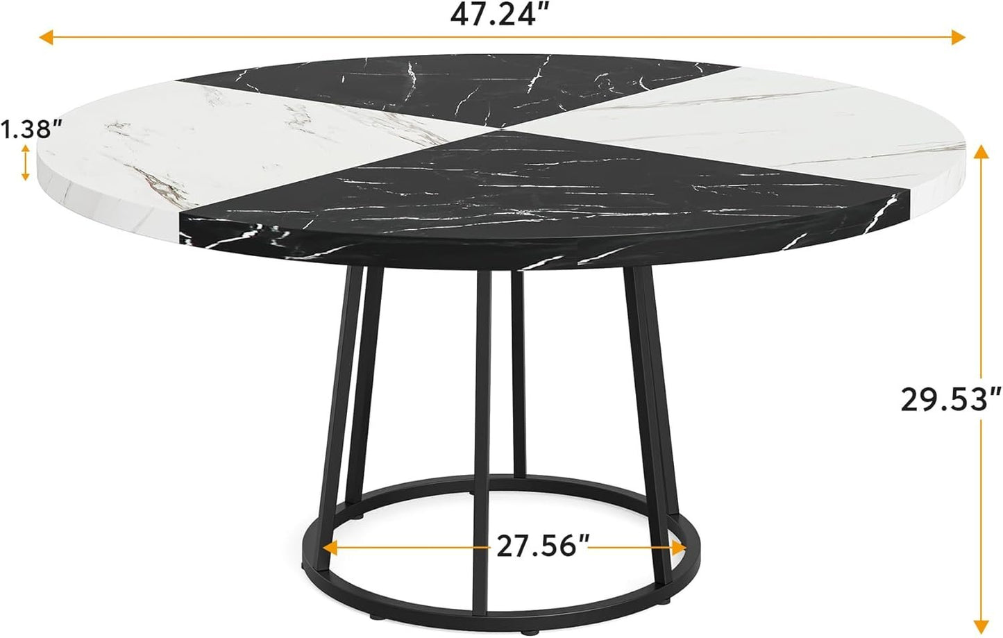 Tribesigns 47 inch Dining Table for Dining Room, 4 People Round Dinner Tables with Faux Marble Top Heavy Duty Metal Circle Pedestal for Living Room Kitchen, Black White(Only Table)