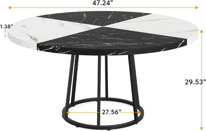 Tribesigns 47 inch Dining Table for Dining Room, 4 People Round Dinner Tables with Faux Marble Top Heavy Duty Metal Circle Pedestal for Living Room Kitchen, Black White(Only Table)