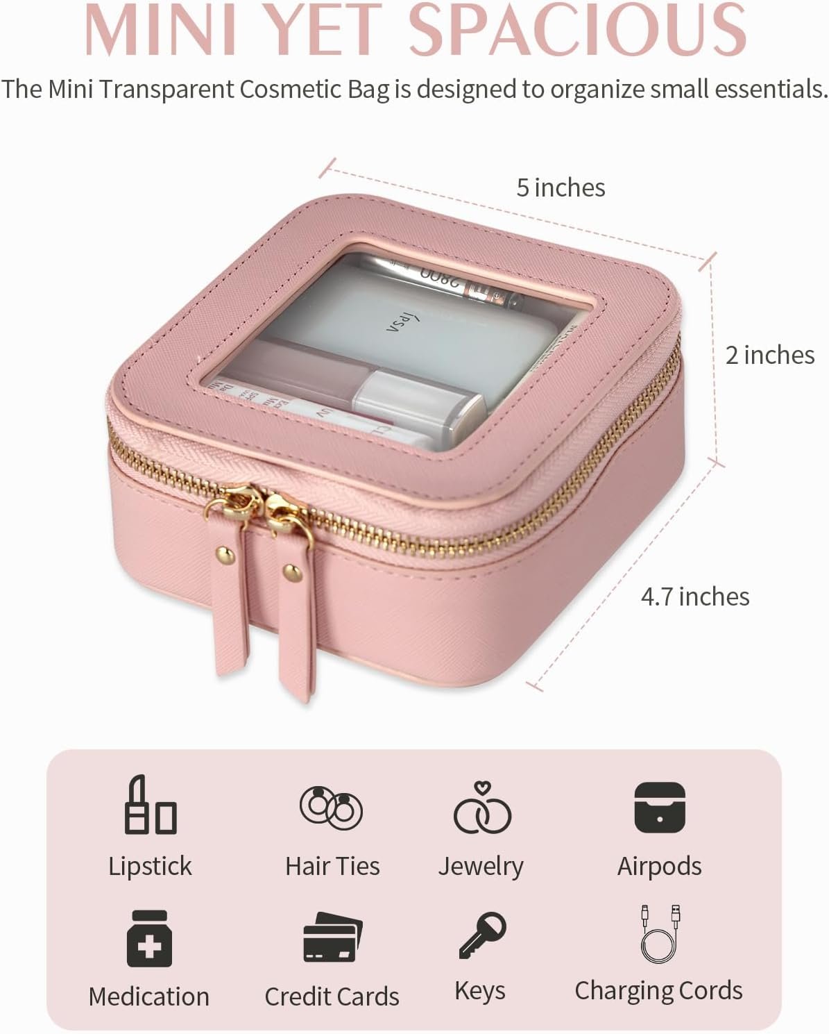 Small Clear Travel Toiletry Bag, Mini Clear Makeup Bag Toiletries Bag Small Makeup Bag with Gold Zipper for Car Essentials (Pink)
