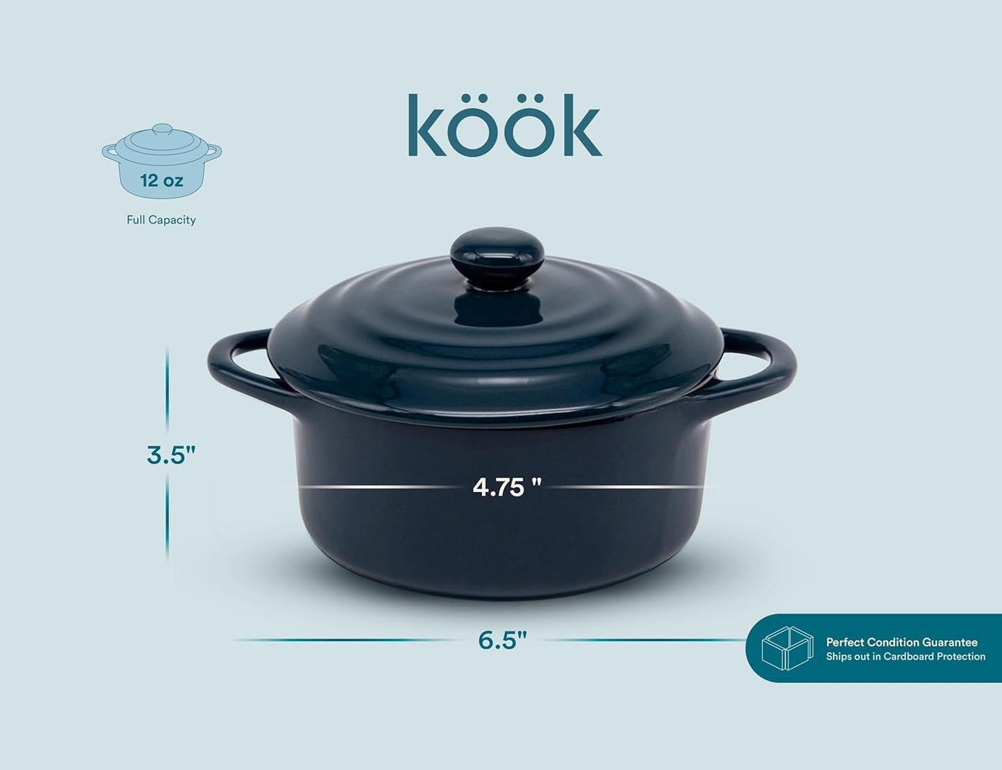 Kook Ceramic Mini Cocotte Set, Small Casserole Dishes with Lids and Handles, Individual Baking Ramekins, Oven, Microwave & Dishwasher Safe, Stoneware, 12 oz, Set of 4, Navy