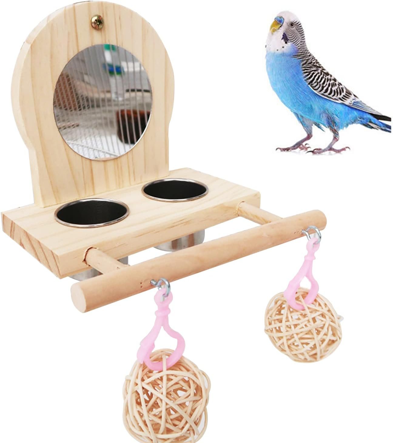 Joyeee Bird Mirror for Cage, 2 Pcs Stainless Steel Bird Feeding & Watering Supplies, Bird Perch and Bird Training Toys Small Rattan Balls for Budgies, Parakeets, Lovebirds and Finch Canaries Cage