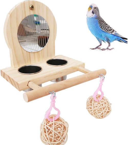 Joyeee Bird Mirror for Cage, 2 Pcs Stainless Steel Bird Feeding & Watering Supplies, Bird Perch and Bird Training Toys Small Rattan Balls for Budgies, Parakeets, Lovebirds and Finch Canaries Cage