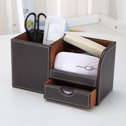 KINGFOM Wooden Struction Leather Multi-function Desk Stationery Organizer Storage Box Pen/Pencil,Cell phone, Business Name Cards Remote Control Holder with Small Drawer Brown