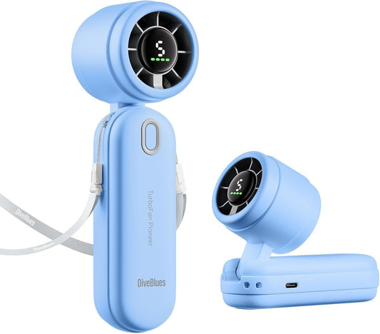 Diveblues 3 IN1 Portable Handheld Turbo Fan, 4000mAh USB Rechargeable Personal Hand Fan with 5 Speeds, Up to 12H Cooling, Foldable Small Pocket Ventilateur, Travel Essentials, Tech Gifts for Men Women