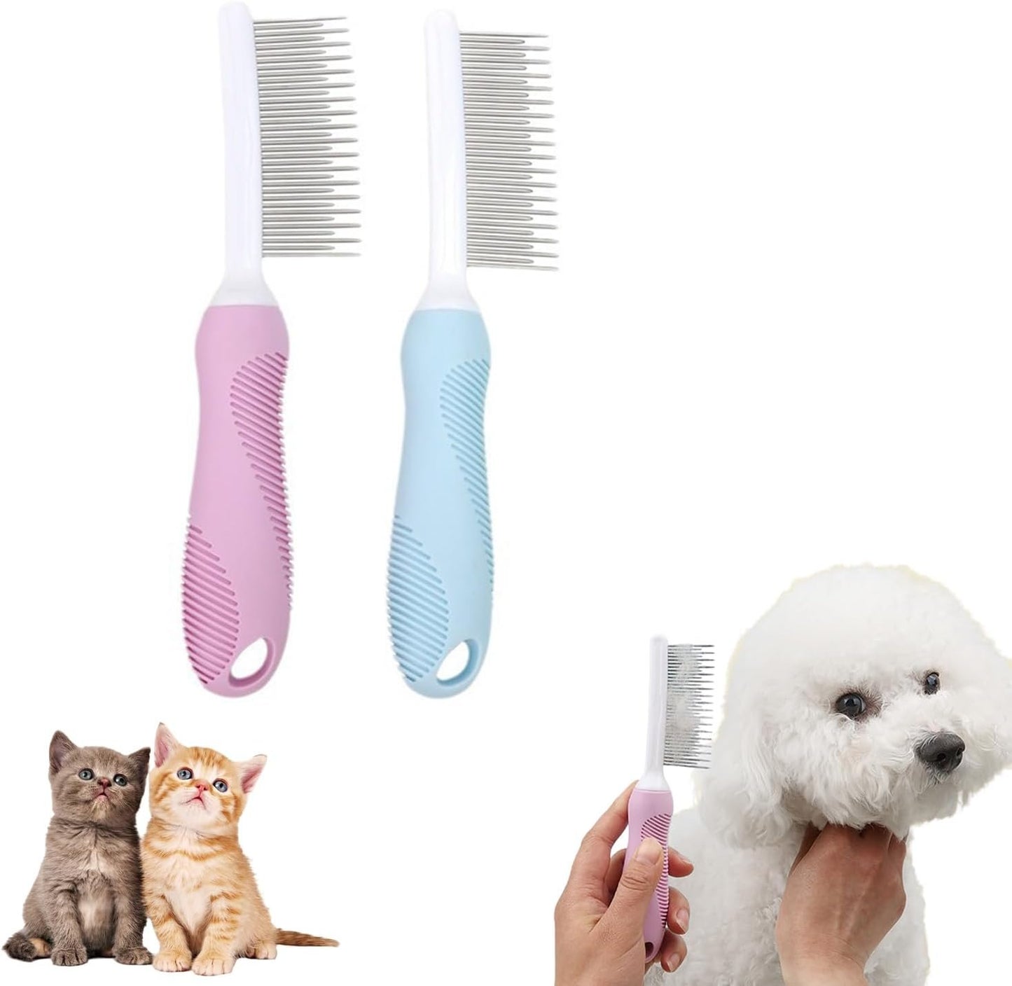 Lqucwepp 2PCS Pet Combs,Pet Hair Comb,Long & Short Stainless Steel Teeth for Dogs & Cats Home Grooming Kit, Removes Knots, Mats and Tangles Title