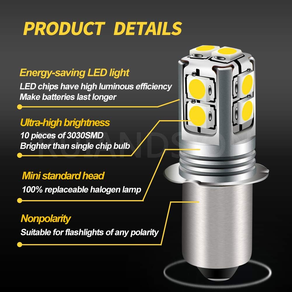 Ruiandsion P13.5S LED Bulb 6-40V 4300K Warm White 6V 9V 12V 18V 19.2V 24V Replacement for Torch, Lantern, Work Light, Non-Polarity
