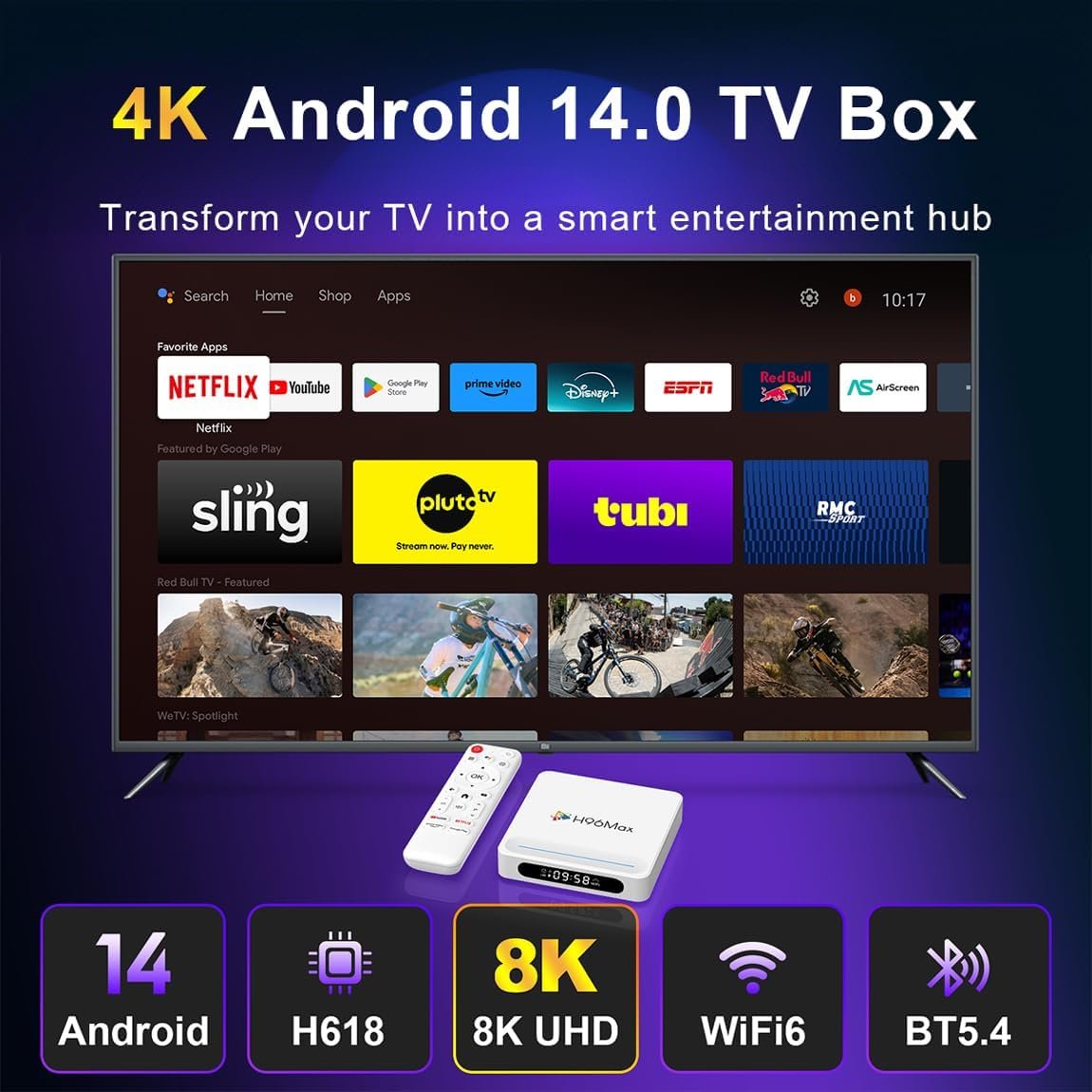Android 14.0 TV Box, LEFFOT H618 Plus 4K UHD Streaming Device for TV, 4GB RAM + 32GB ROM, Smart TV Box with HDR10, Voice Control, 2.4G & 5G WiFi 6, 100M Ethernet, BT 5.4, Allwinner H618 Quad Core A53