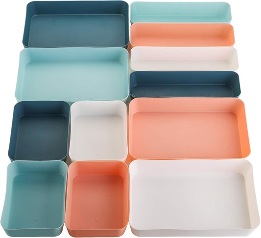 Suwimut 12 Pieces Plastic Desk Drawer Organizer and Storage, Large Size Stackable Vanity Desk Drawer Organizers Bins Trays Set Drawer Dividers for Makeup Office Bathroom Dresser Kitchen, 4 Colors