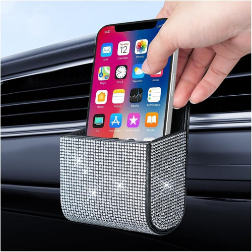 Car Vent Storage Organizer,Rhinestone Car Vent Leather Pocket,Bling Car Accessories for Women or Man,Multipurpose Car Storage