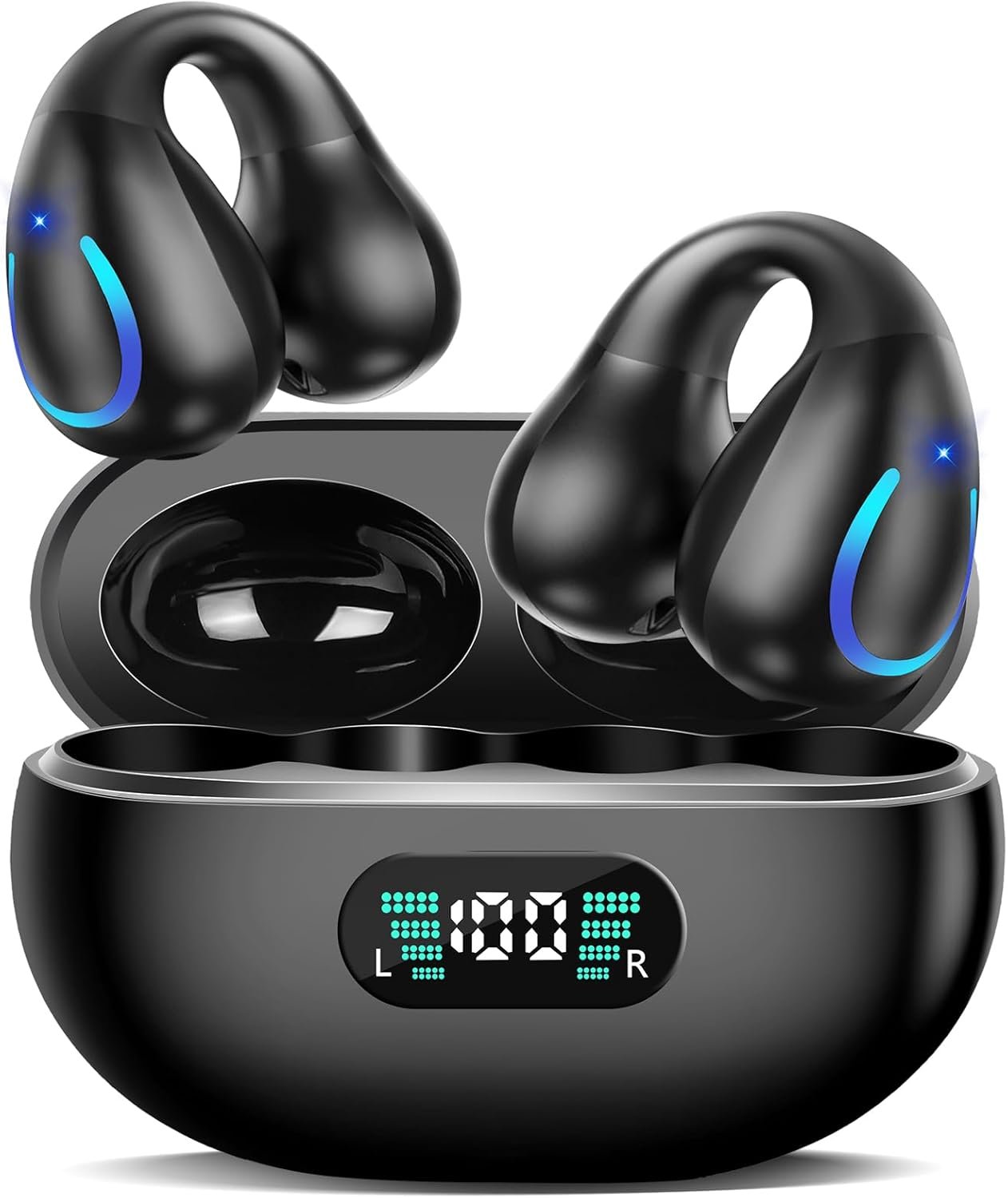 Open Ear Clip On Headphones with Ear Hook Wireless Bone Conduction Earbuds with Digital Display Charging Case Built-in Mic IPX7 Waterproof Bluetooth 5.3 Sport Earphones for Running Fitness